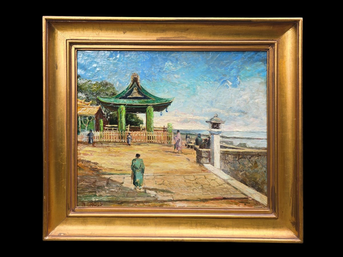 Antal Grosz (1912-1945) , paysage animé d'un temple japonnais,  Japon , huile sur toile-photo-2