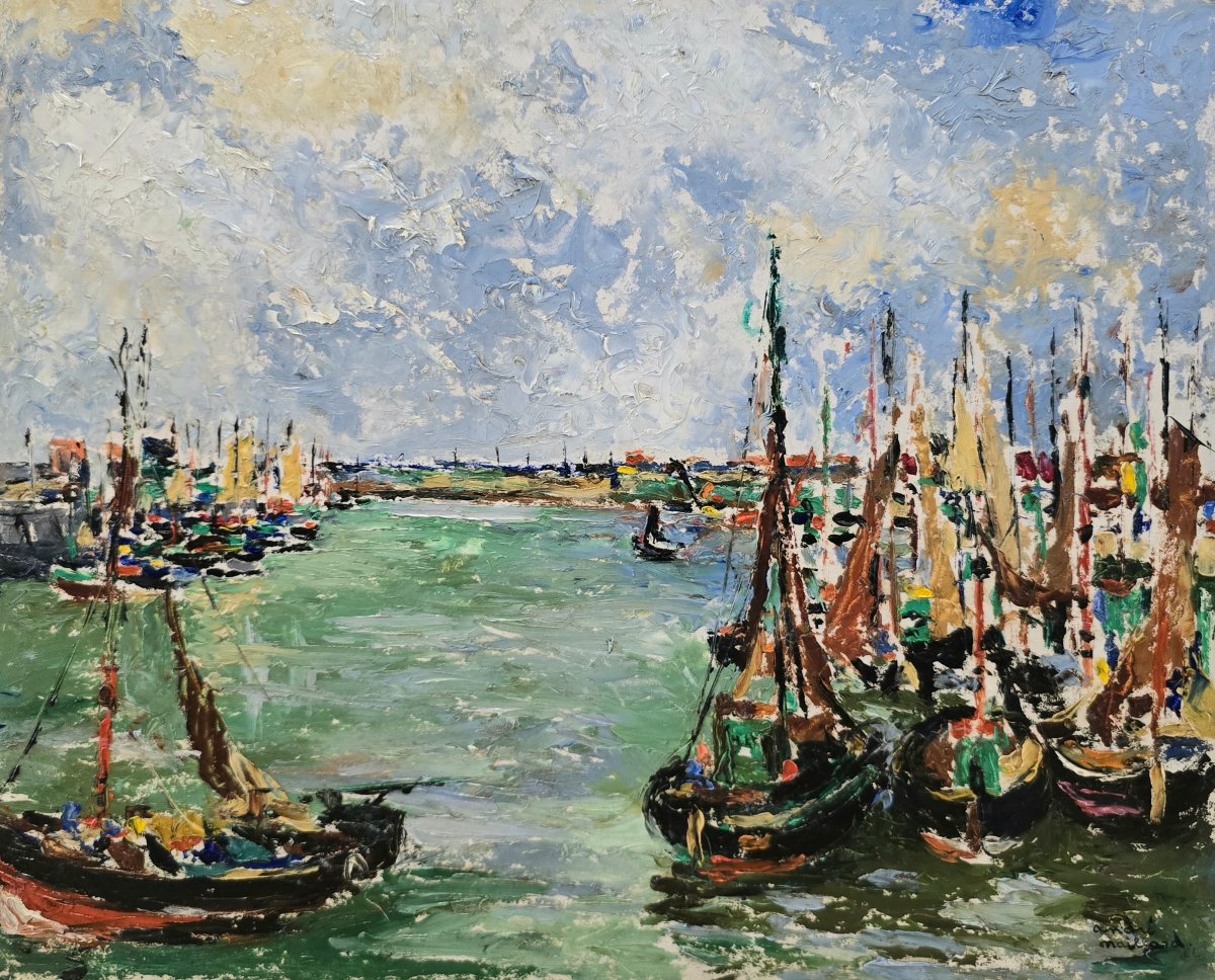 André Maillard, 1946, French School, Boats In A Harbor, Fauvism,