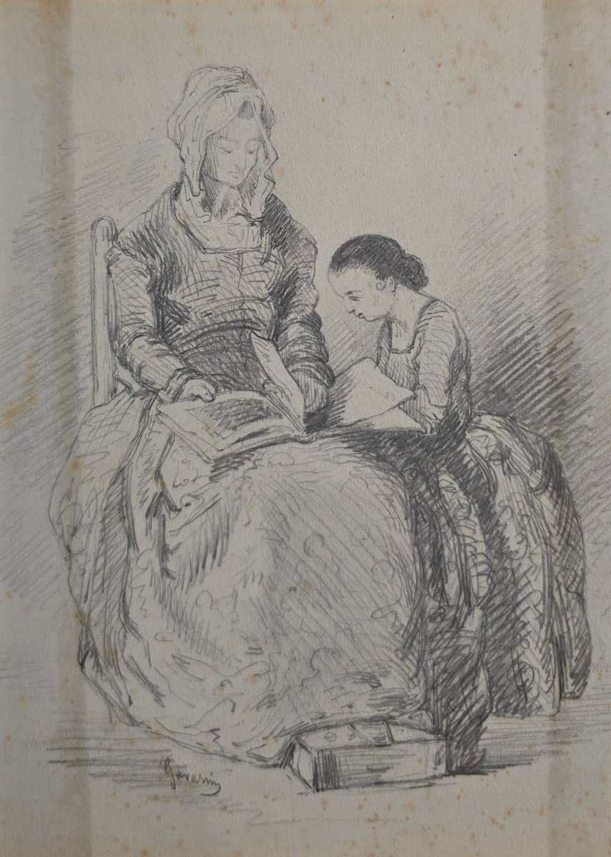 Paul Gavarni (1804–1866), Attributed; Woman And Child Studying, Drawing, Romantic