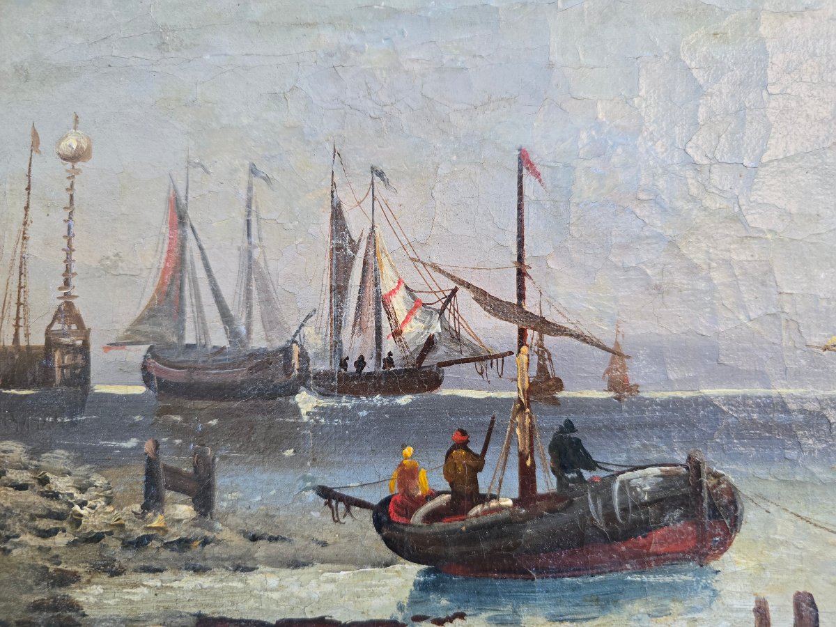 Smits, 19th Century, Belgian School, Dutch School, Marine, Sea, Seascape, Rowboat In The Harbor, Boats-photo-2