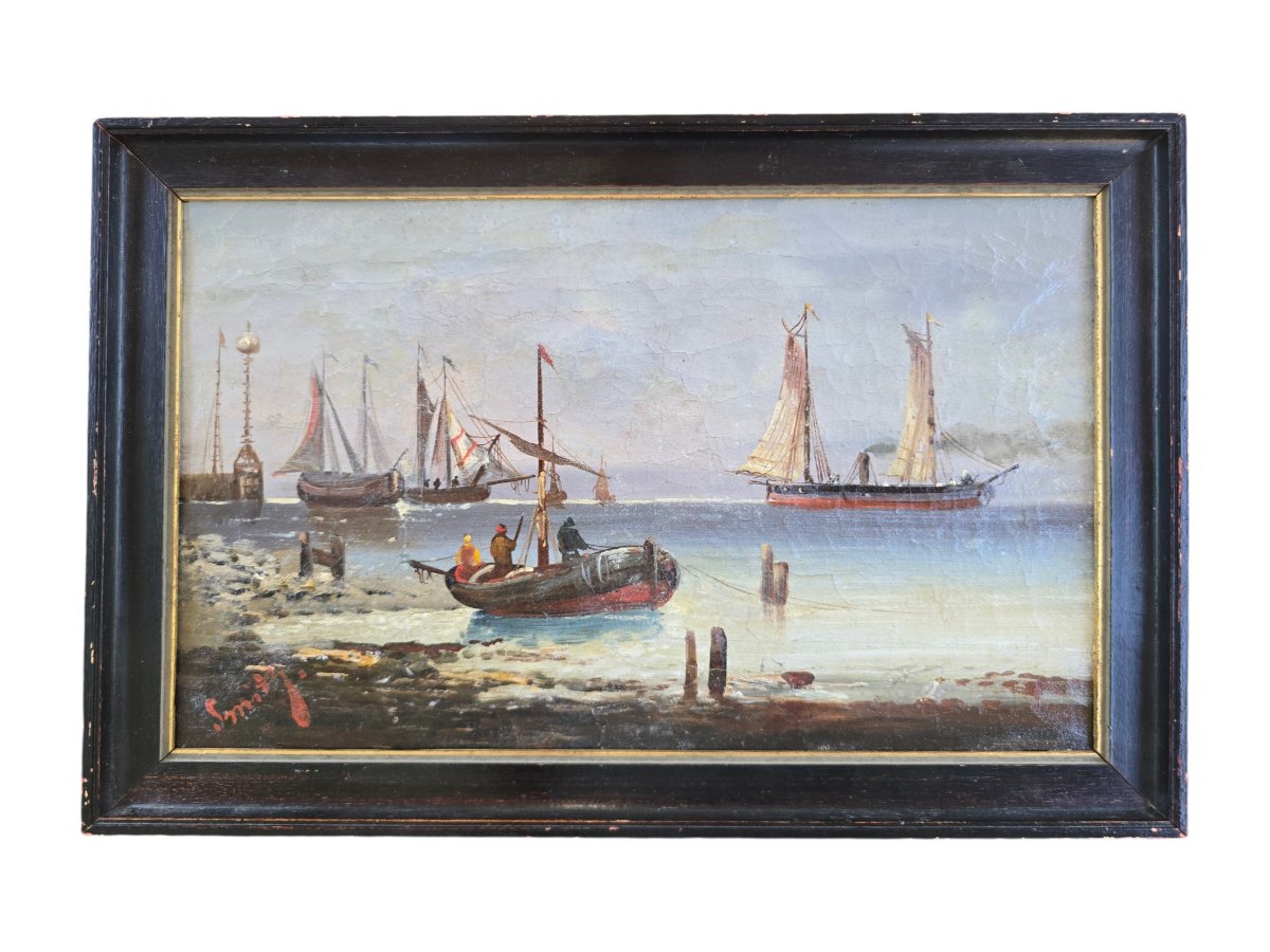 Smits, 19th Century, Belgian School, Dutch School, Marine, Sea, Seascape, Rowboat In The Harbor, Boats-photo-4
