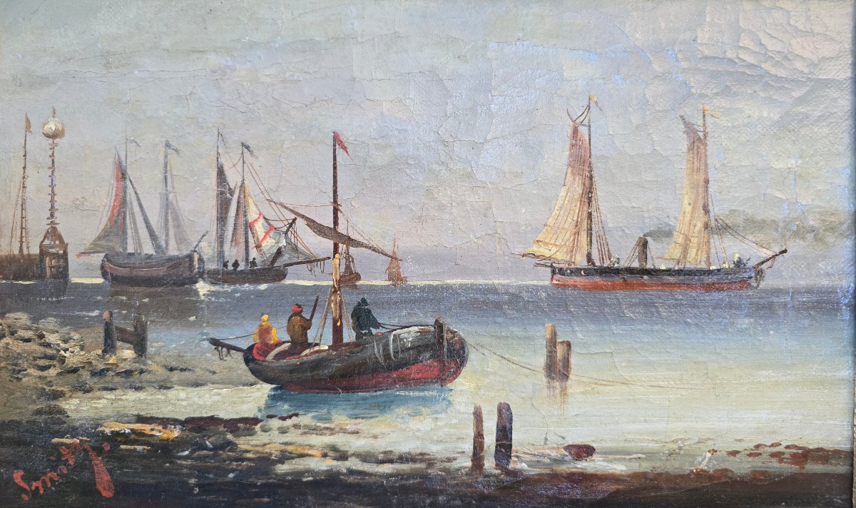 Smits, 19th Century, Belgian School, Dutch School, Marine, Sea, Seascape, Rowboat In The Harbor, Boats