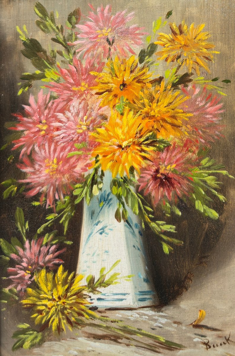 Henry Schouten (1857-1927) - bouquet de fleurs dans un vase - Chrysanthèmes - plantes  - 19e