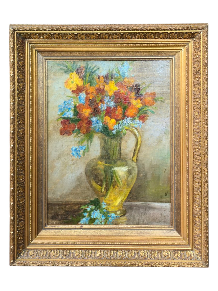 Anonyme - vers 1890 - école belge ou francaise - bouquet de fleurs - myositis  giroflées-photo-4