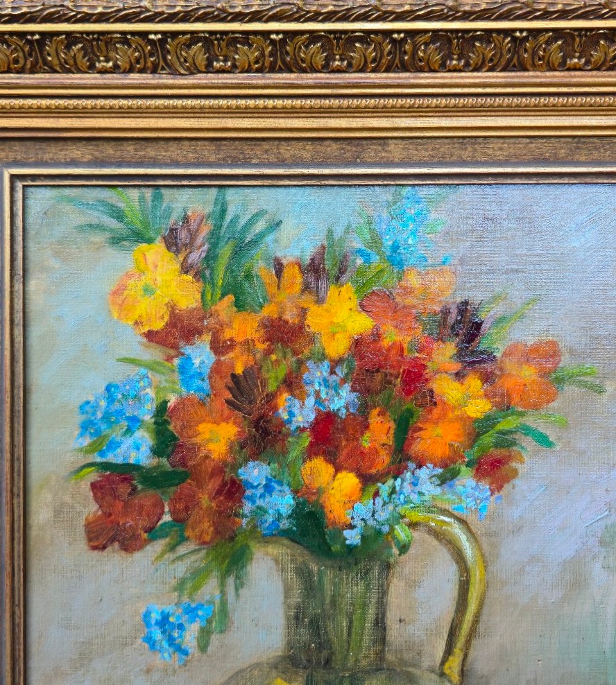Anonyme - vers 1890 - école belge ou francaise - bouquet de fleurs - myositis  giroflées-photo-3