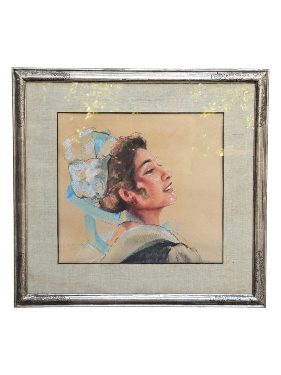 Charles Bisschops (1894-1975) - pastel - portrait jeune femme bretonne - bretagne - -photo-4
