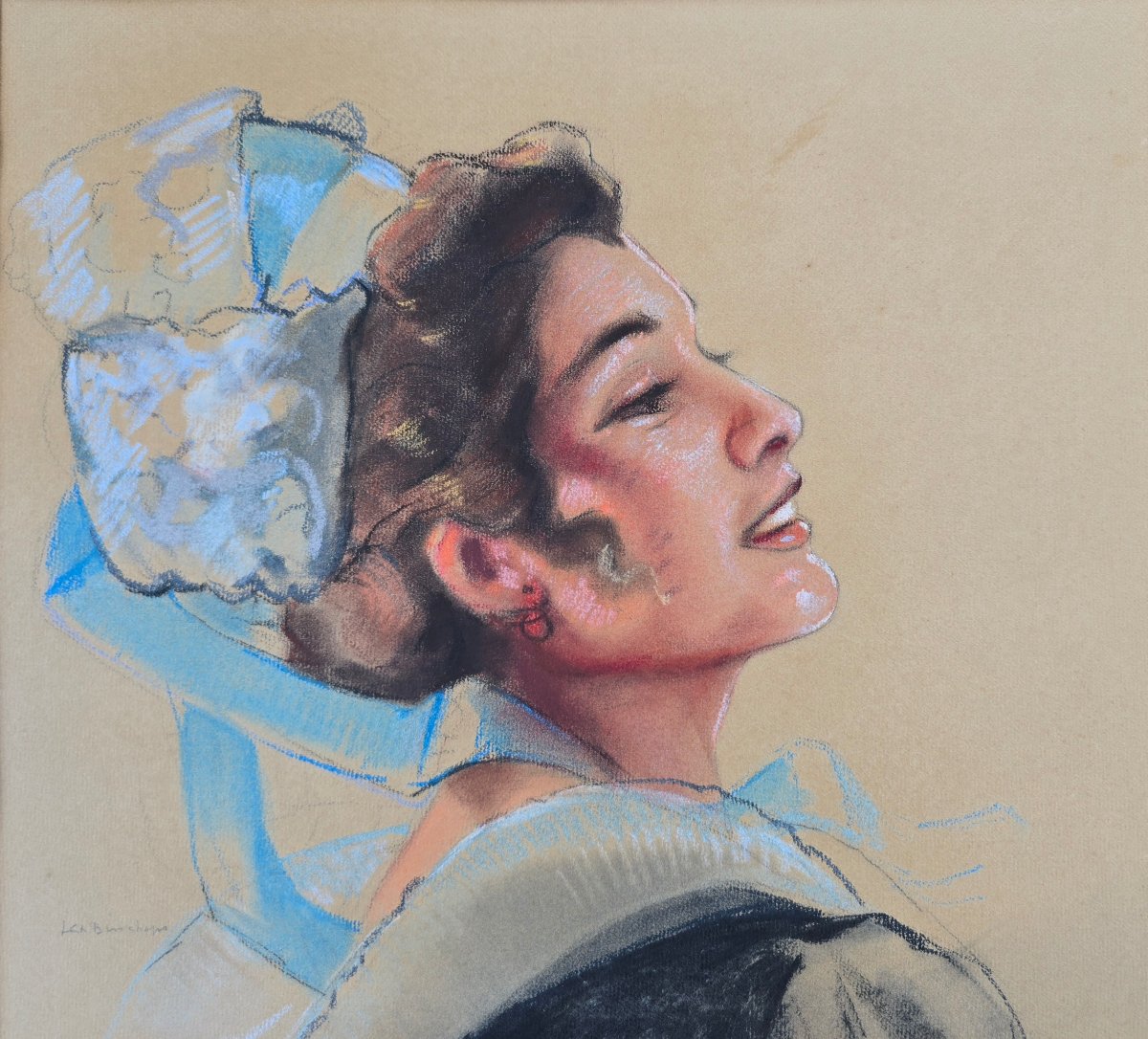 Charles Bisschops (1894-1975) - pastel - portrait jeune femme bretonne - bretagne - 