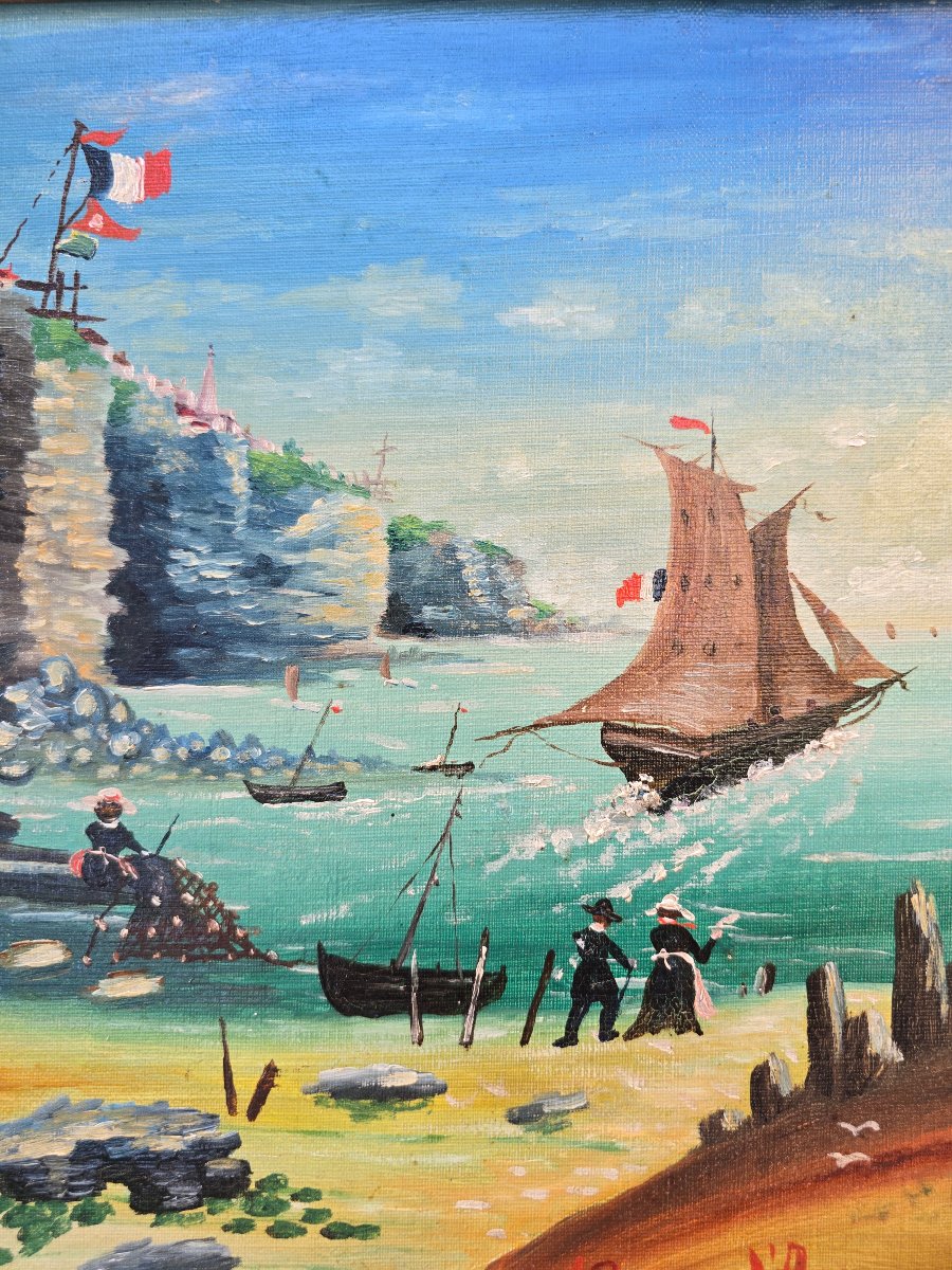 Brun L'anges, 19eme siècle, paysage bord de plage, scène populaire de Bretagne, art naif breton-photo-2