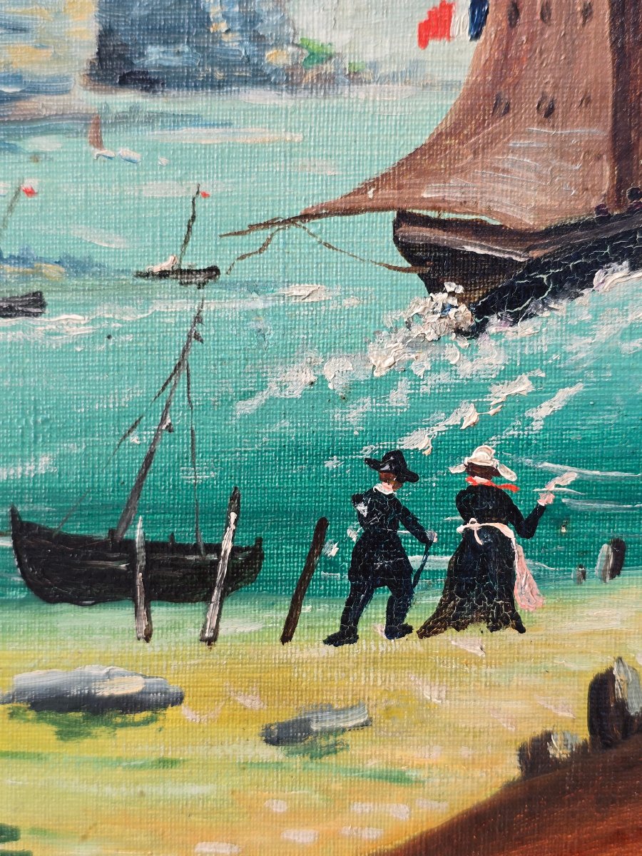 Brun L'anges, 19eme siècle, paysage bord de plage, scène populaire de Bretagne, art naif breton-photo-3