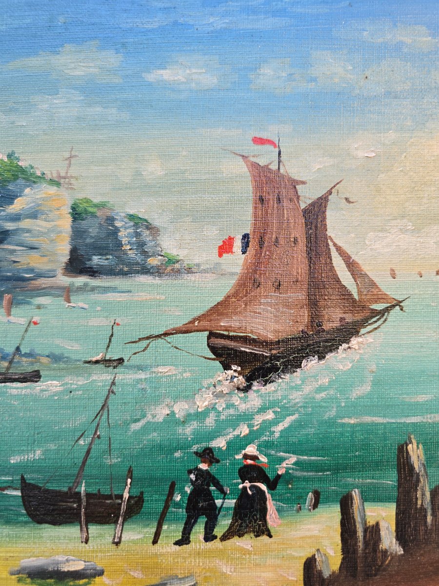Brun L'anges, 19eme siècle, paysage bord de plage, scène populaire de Bretagne, art naif breton-photo-4