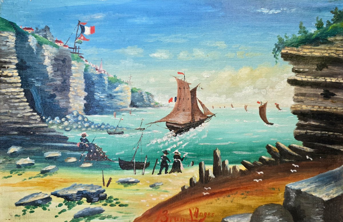 Brun L'anges, 19eme siècle, paysage bord de plage, scène populaire de Bretagne, art naif breton