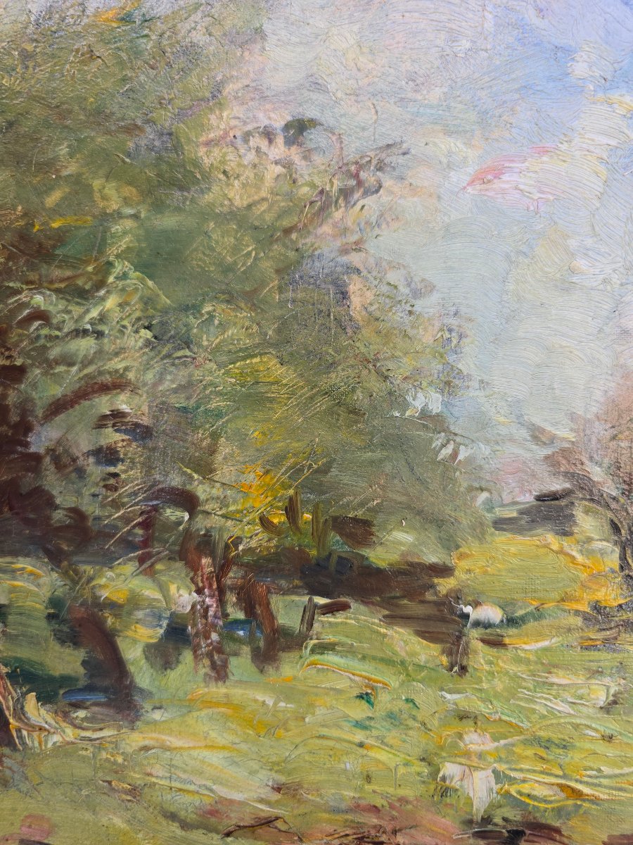 Georges Fichefet (1864-1954), paysage boisé au ruisseau, vache, campagne, -photo-2