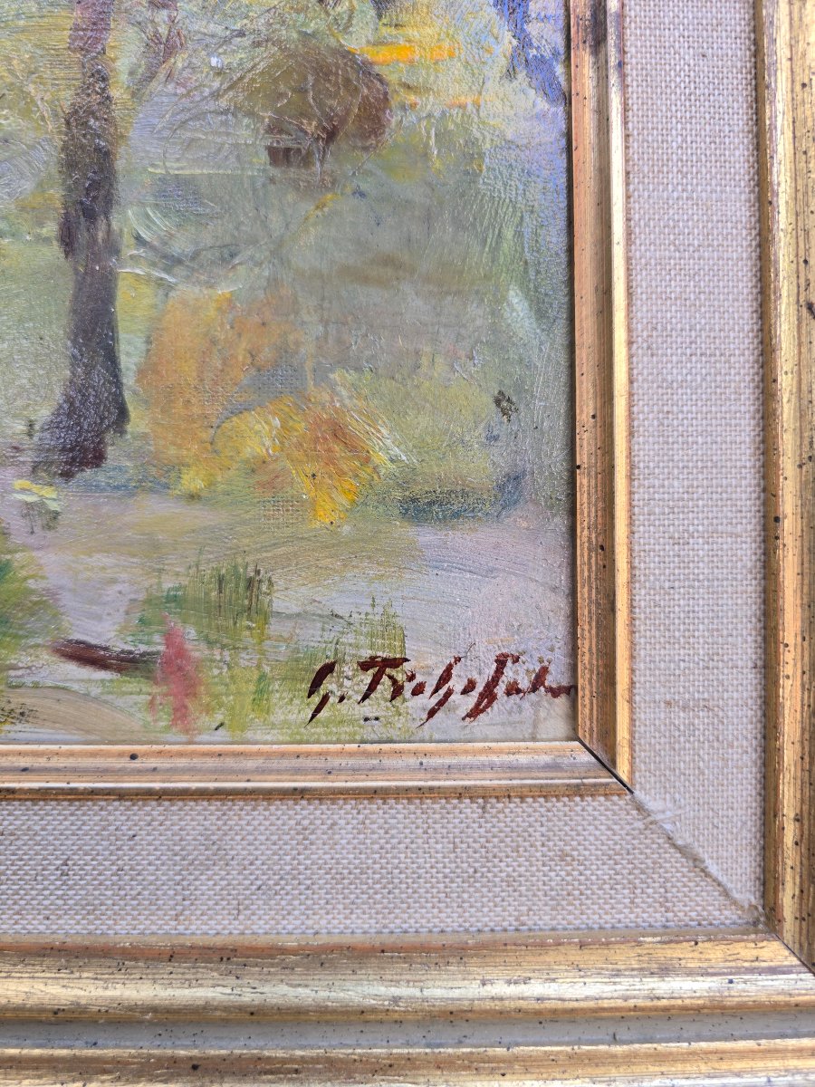 Georges Fichefet (1864-1954), paysage boisé au ruisseau, vache, campagne, -photo-4