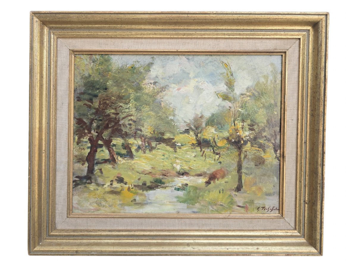 Georges Fichefet (1864-1954), paysage boisé au ruisseau, vache, campagne, -photo-1