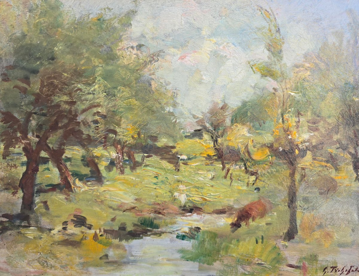 Georges Fichefet (1864-1954), paysage boisé au ruisseau, vache, campagne, 