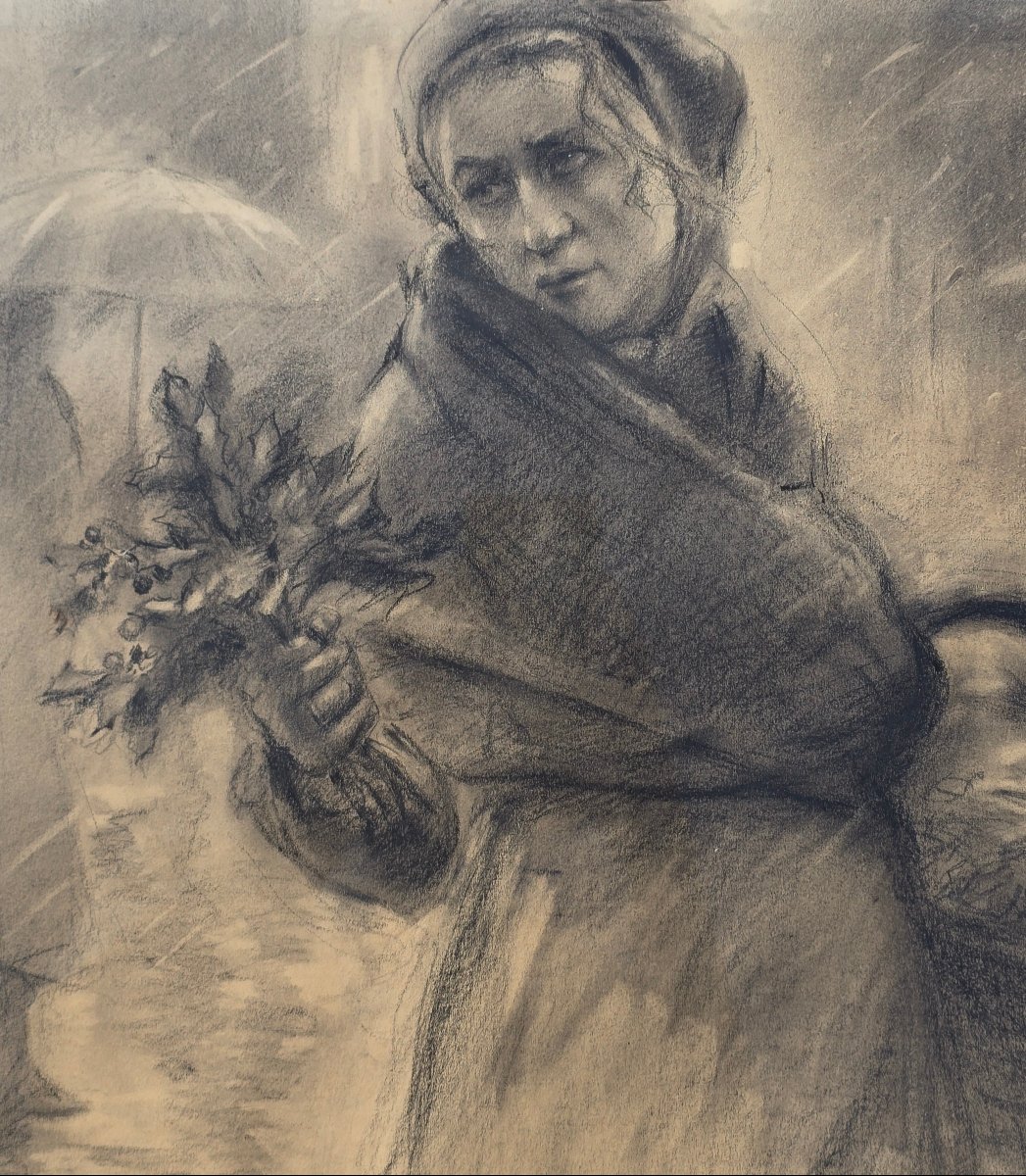 Fernand Gillon (-1950), portrait de femme, vendeuse de fleurs sous la pluie, fusain