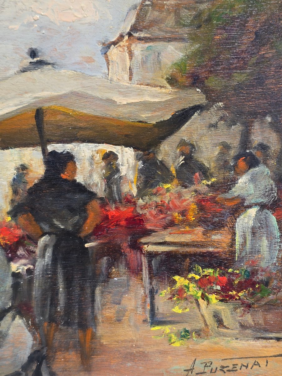 Antonin Puzenat - Circa 1900 - Flower Market - Bustling Scene -photo-3