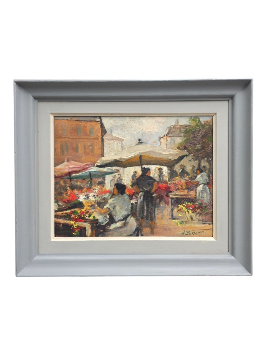 Antonin Puzenat - Circa 1900 - Flower Market - Bustling Scene -photo-4
