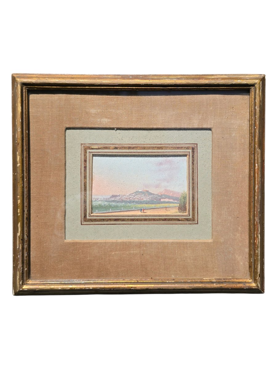 École italienne , 18eme, xviiie, miniature , vedute , vue de Naples , Napoli dal Campo ,gouache-photo-1