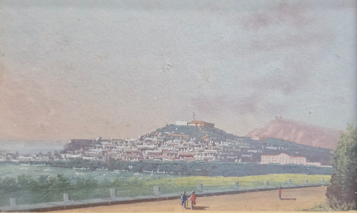 École italienne , 18eme, xviiie, miniature , vedute , vue de Naples , Napoli dal Campo ,gouache
