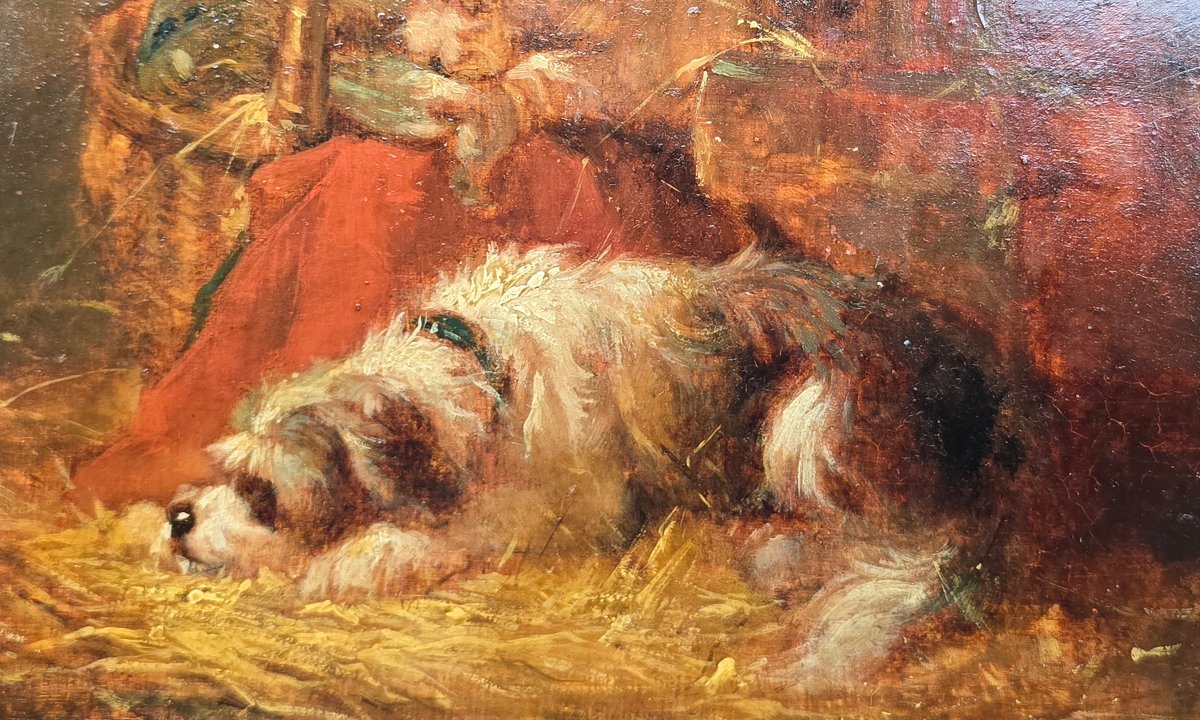 Emmanuel Noterman (1808-1863), chien dormant et chien volant dans un panier, griffon-photo-2