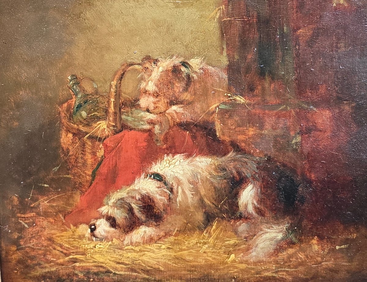 Emmanuel Noterman (1808-1863), chien dormant et chien volant dans un panier, griffon