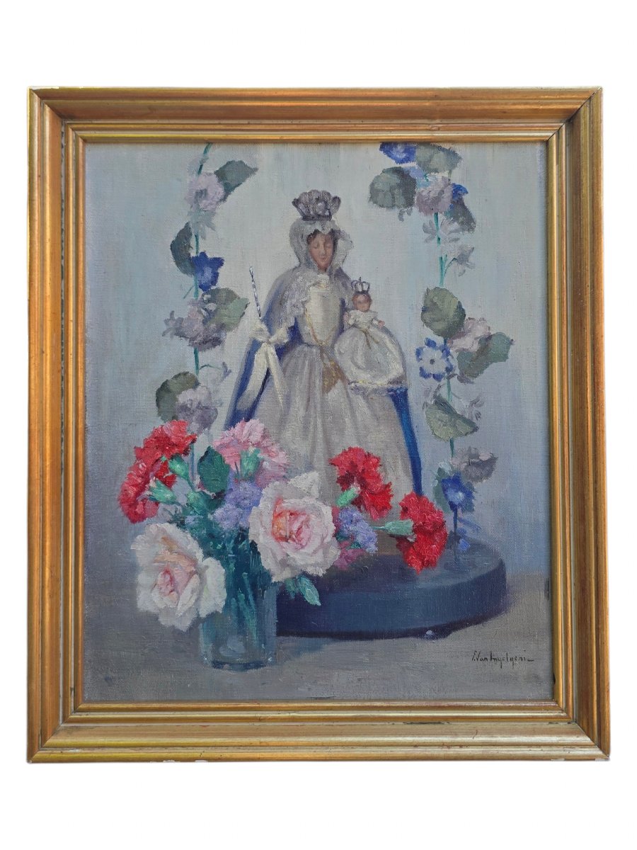 Elisabeth Van Ingelgem (1890–1976), Religious Still Life, Statuette Of The Virgin Mary, Flowers -photo-1