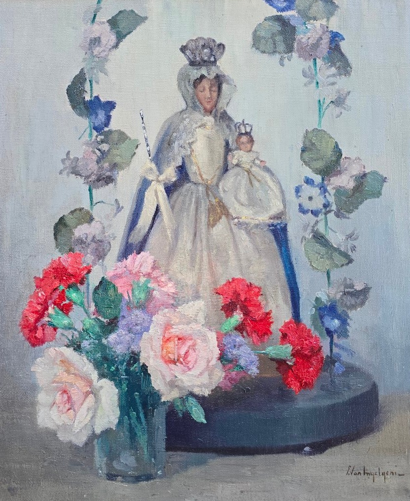 Elisabeth Van Ingelgem (1890–1976), Religious Still Life, Statuette Of The Virgin Mary, Flowers 