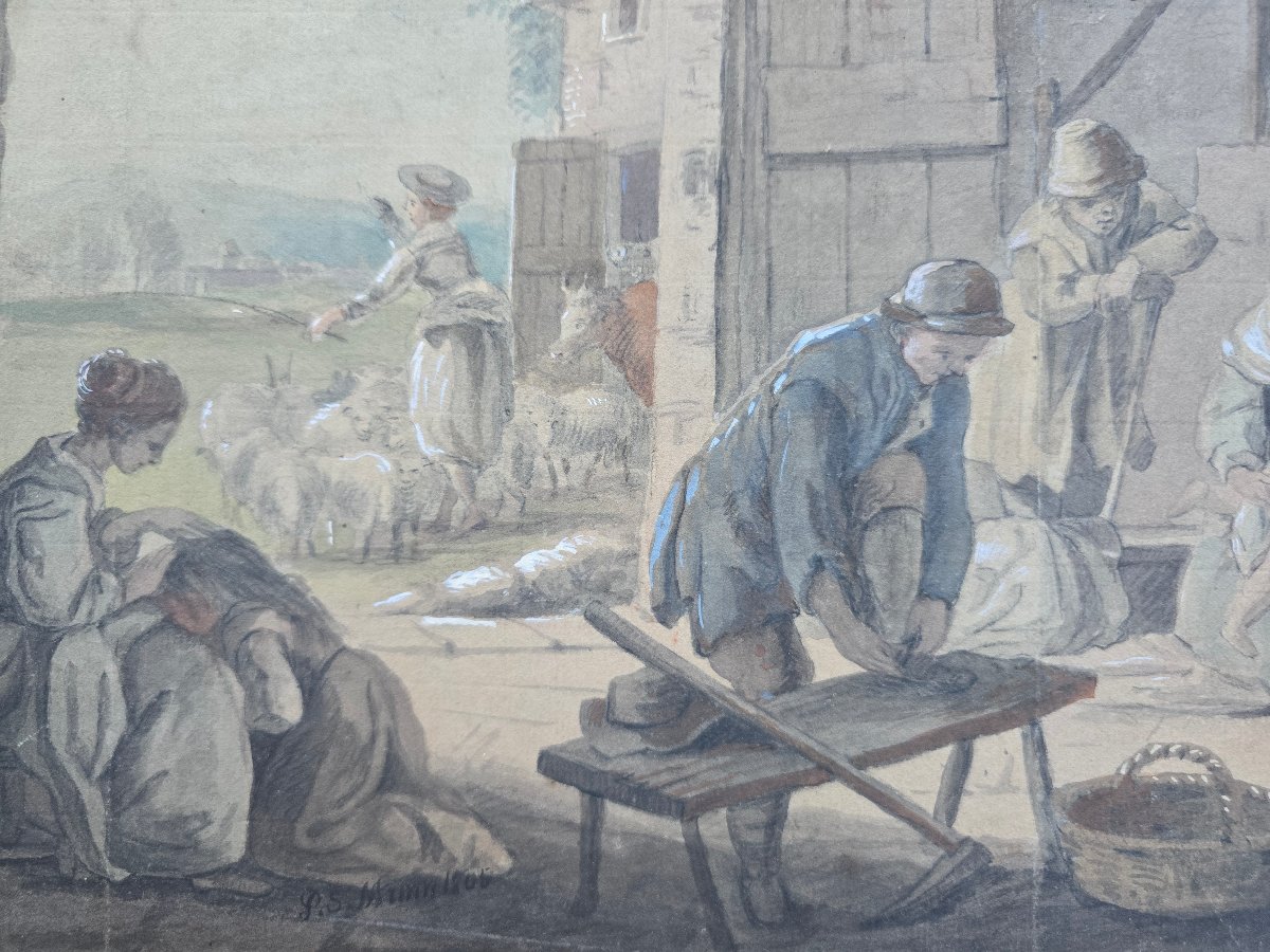Paul Sandby Munn (1773-1845), d'aprés Bartolozzi, scène de genre à la ferme, Le Matin, 18eme-photo-4