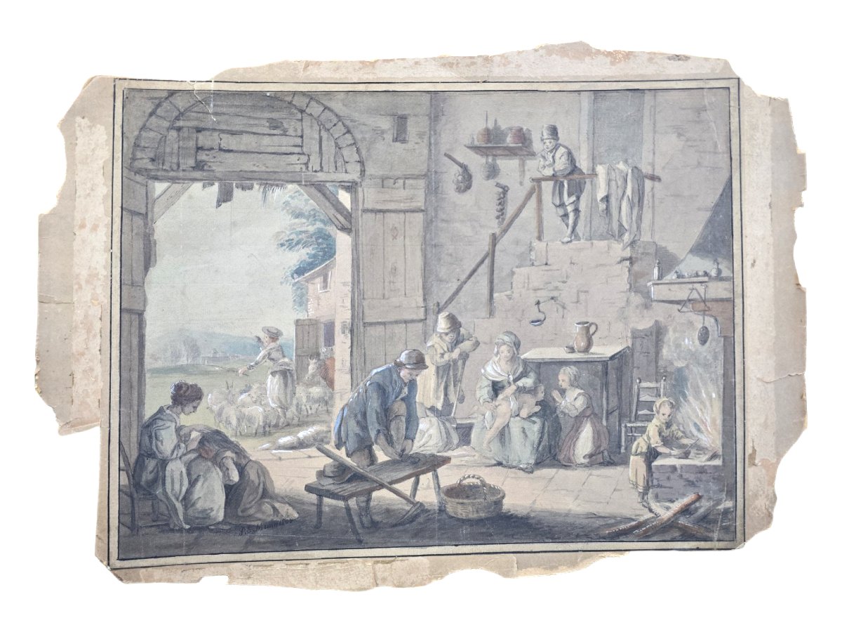 Paul Sandby Munn (1773-1845), d'aprés Bartolozzi, scène de genre à la ferme, Le Matin, 18eme-photo-3