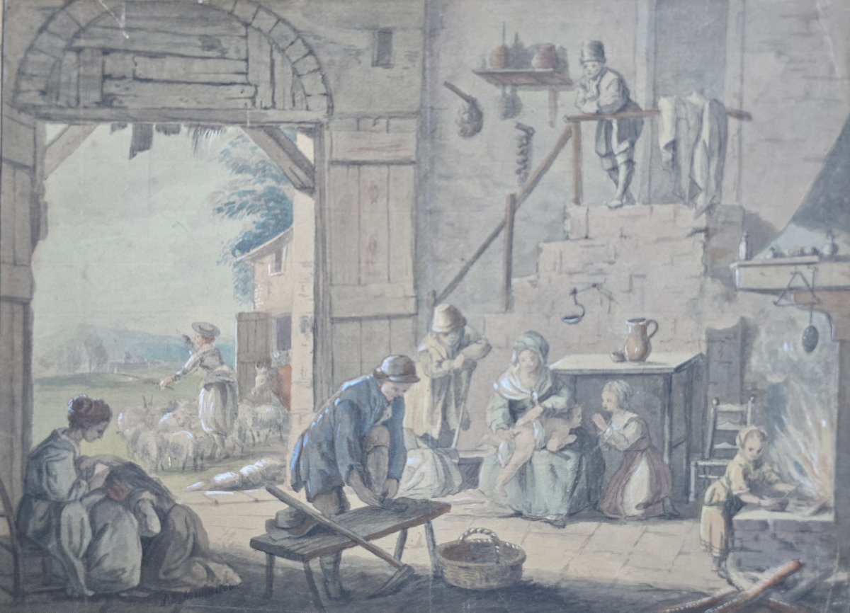 Paul Sandby Munn (1773-1845), d'aprés Bartolozzi, scène de genre à la ferme, Le Matin, 18eme