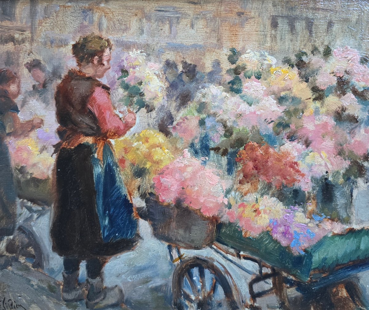 Fernand Gillion (-1950), vendeuse de fleurs sur un marché, bruxelles, belgique