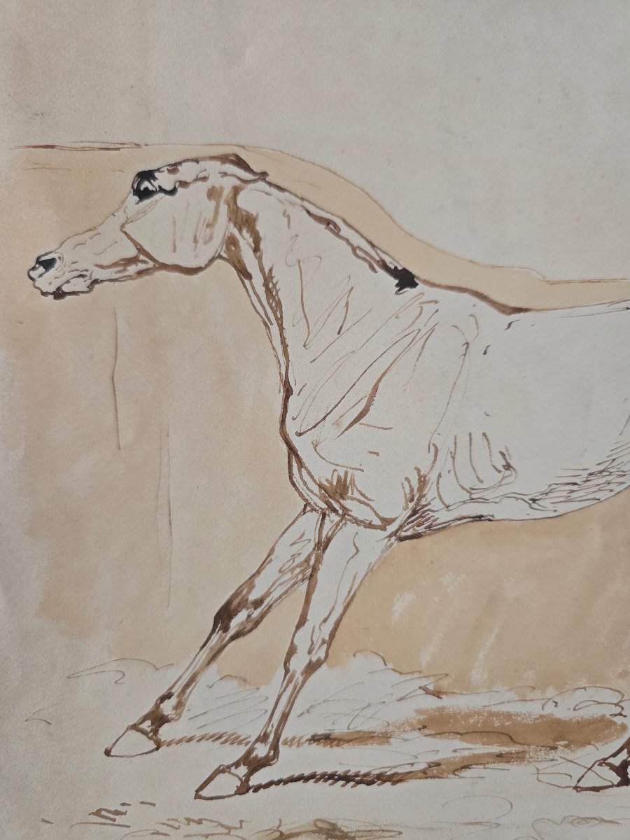 Anonyme - école francaise - 19e siècle - cheval furieux à l'écurie - dlg. Gericault, De Dreux-photo-2
