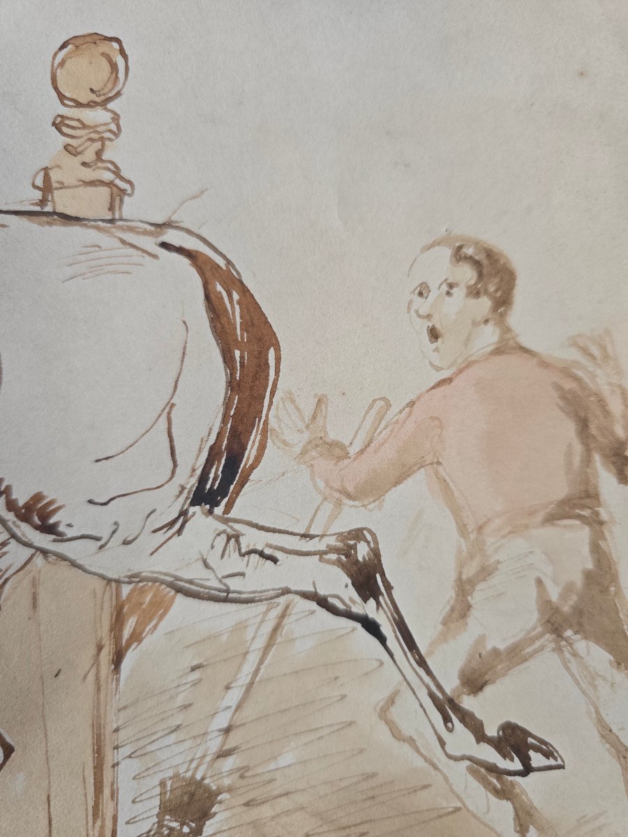 Anonyme - école francaise - 19e siècle - cheval furieux à l'écurie - dlg. Gericault, De Dreux-photo-3