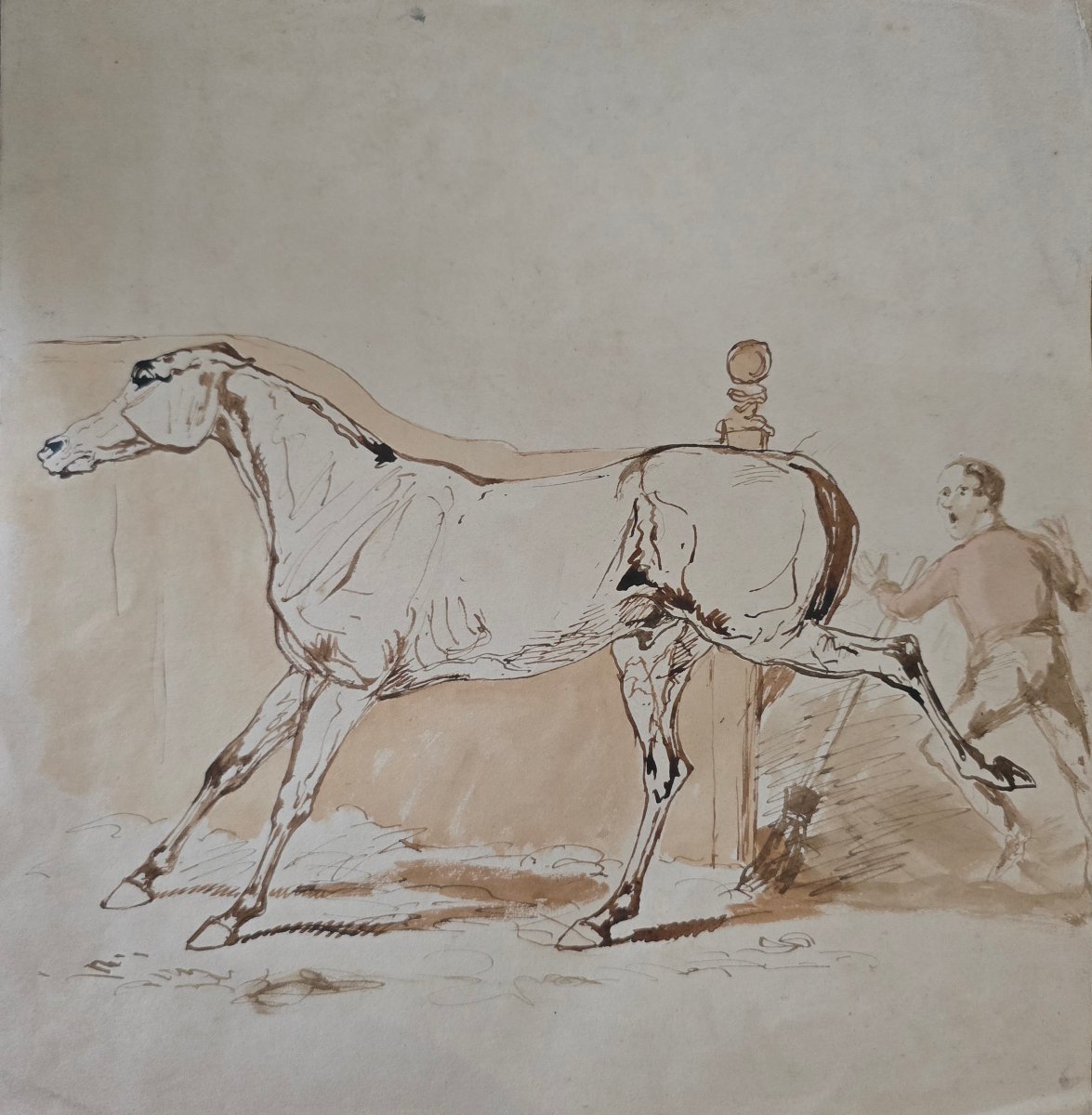 Anonyme - école francaise - 19e siècle - cheval furieux à l'écurie - dlg. Gericault, De Dreux