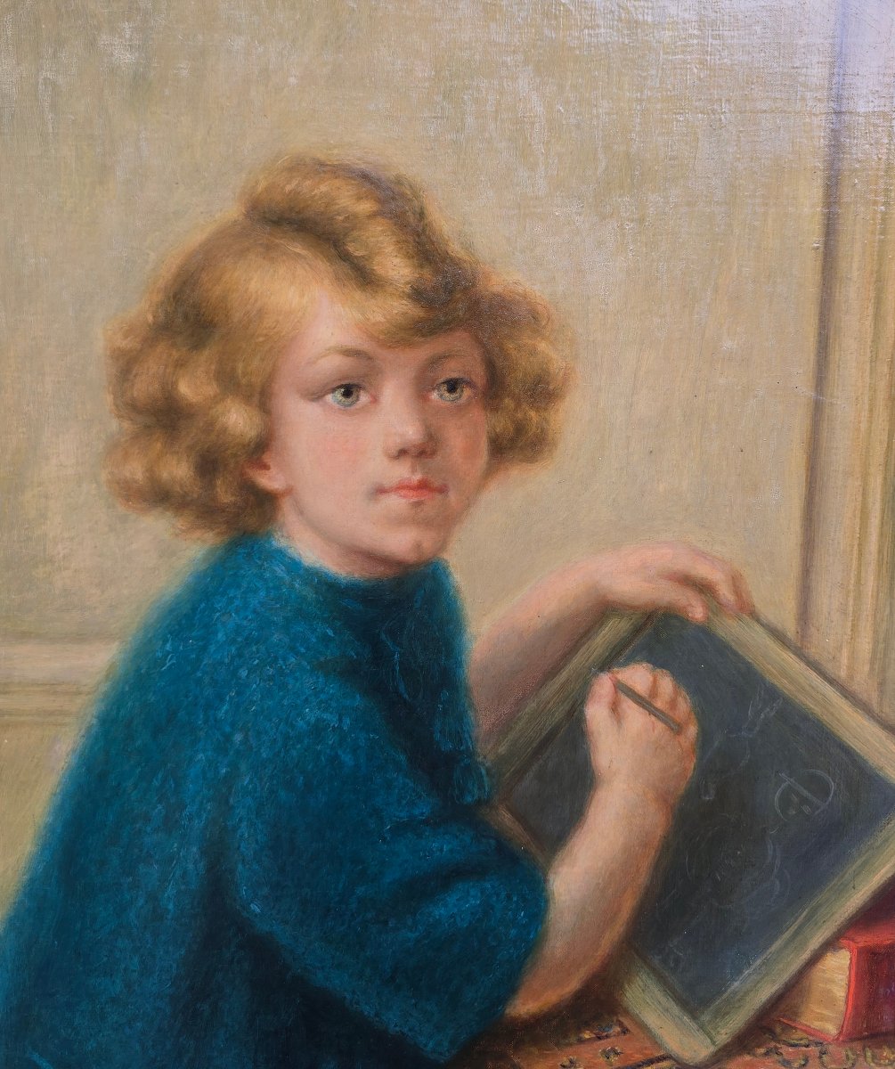 Anonyme - école belge - 19e - début 20e -  fillette dessinant sur une ardoise - jeune écolière-photo-2