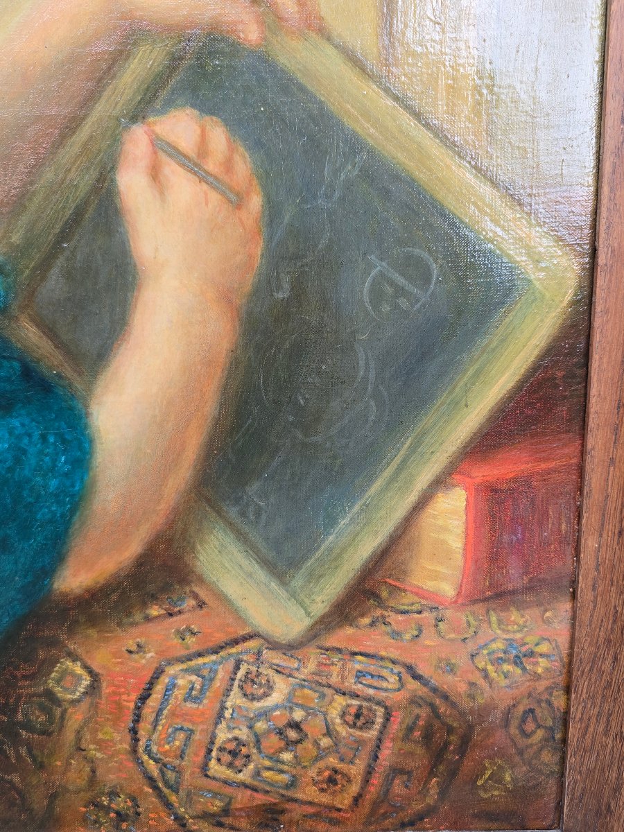 Anonyme - école belge - 19e - début 20e -  fillette dessinant sur une ardoise - jeune écolière-photo-3
