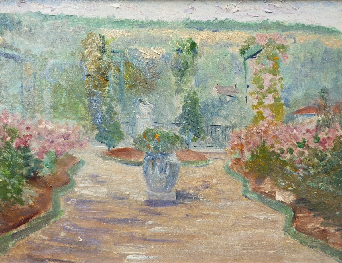 École francaise - vers 1900 - anonyme - impressionisme - vue d'un jardin fleuri - fleurs nature