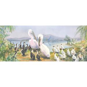 André Hallet (1890-1959) - Panorama Depicting A Colony Of Aquatic Birds