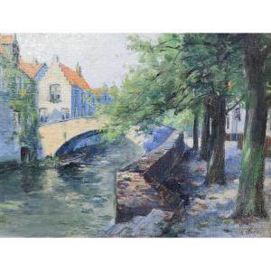 Stanislas Warnie (1879-1958) - Bord d'un canal à Bruges - peinture huile sur panneau