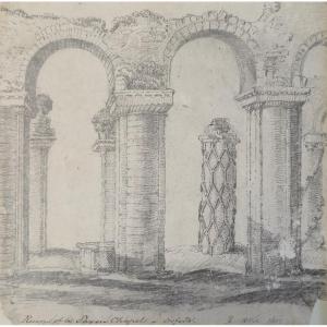 George Arnald (1763-1841) - dessin anglais - Ruines d'une chapelle Anglo-Saxonne Oxford - 19eme