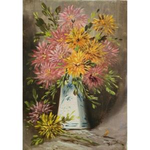 Henry Schouten (1857-1927) - bouquet de fleurs dans un vase - peinture à l'huile - 19eme siècle