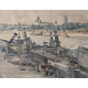 À identifier - Vink ? - 1947 - Paris - vue de la seine et ses bateaux - dessin aquarelle
