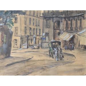 À identifier - Vink ? - 1947 - Paris - vue d'une rue animée d'une calèche - dessin aquarelle