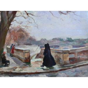 Luigi Polverini (Rome 1903-1960) - Lungo Tevere - huile sur carton - post impressioniste italie