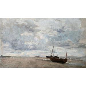 Arthur Bouvier (1837-1921), Boats At Low Tide, Marine, Belgium, Oil On Canvas