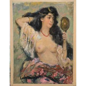 Belgian Or French School - Anonymous, Elegant Nude At The Mirror, Oriental, Orientalism,