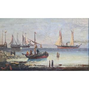 Smits, 19ème, école belge, hollandaise, marine, mer, scène de marine, barque au port, bateaux