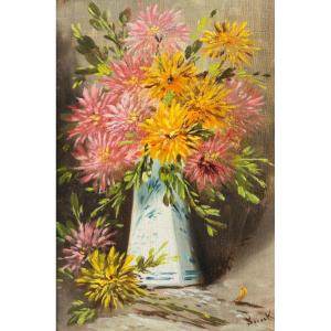 Henry Schouten (1857-1927) - bouquet de fleurs dans un vase - Chrysanthèmes - plantes - 19e
