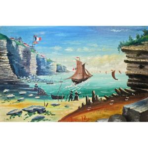 Brun L'anges, 19th Century, Beachside Landscape, Scene Of Everyday Life In Brittany, Breton Naive Art
